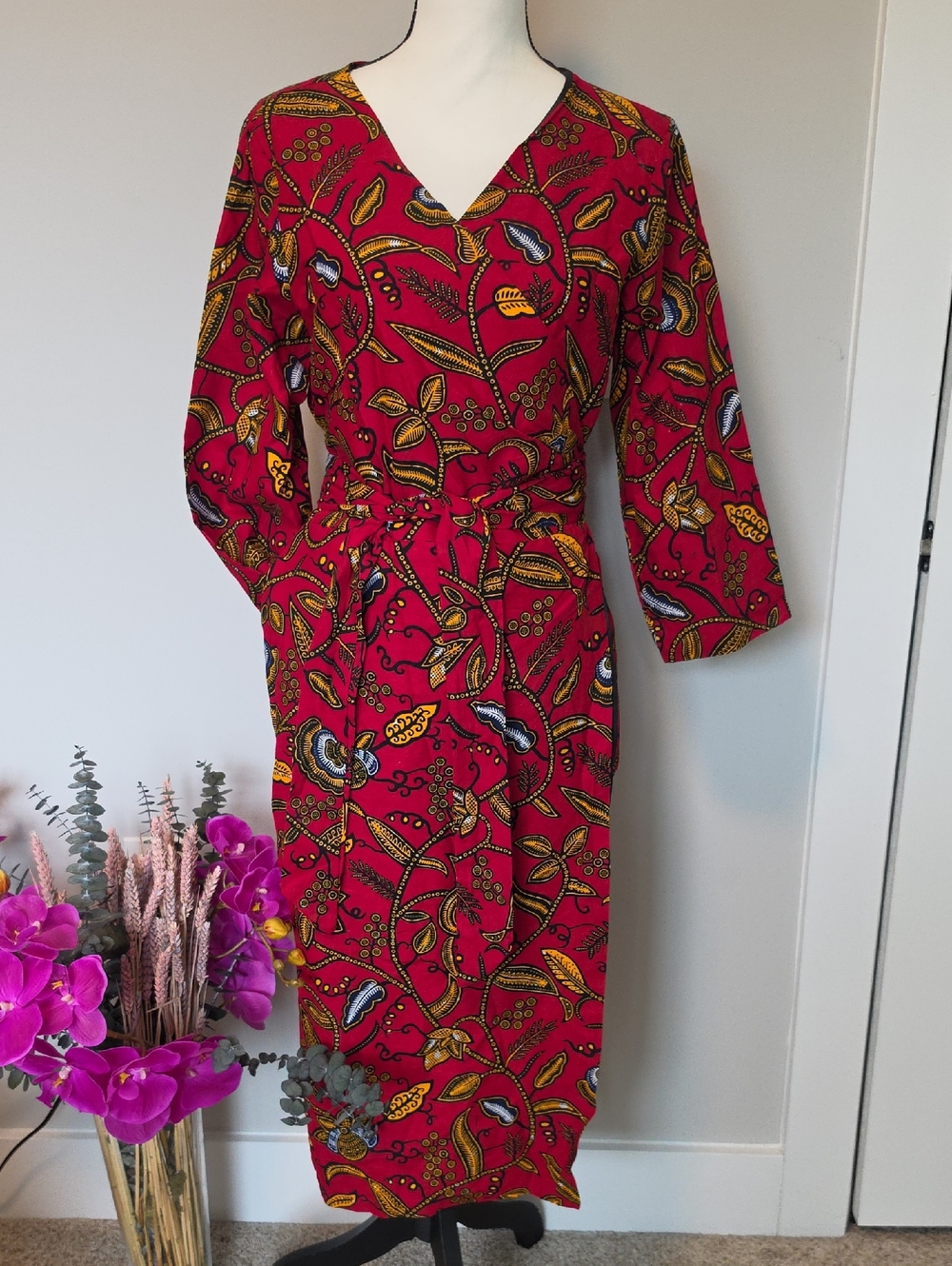 Vibrant Red Floral-African Print Wrap Maxi Dress